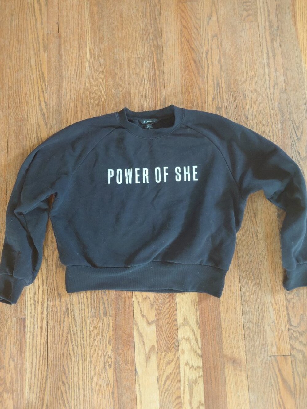 Athleta Power of She Cropped Black Crewneck Sweatshirt | Athleisure Pullover Sm